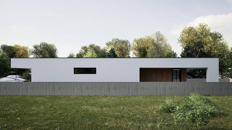 Ein Einfamilienhaus in Nesvady mit minimalistischem Design, umgeben von Natur und Holzelementen.