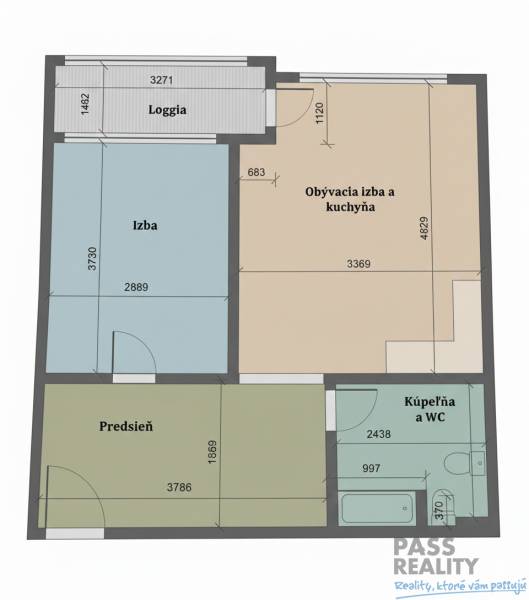Grundriss einer 2-Zimmer-Wohnung mit Loggia, Diele, Wohnzimmer, Badezimmer und Schlafzimmer.