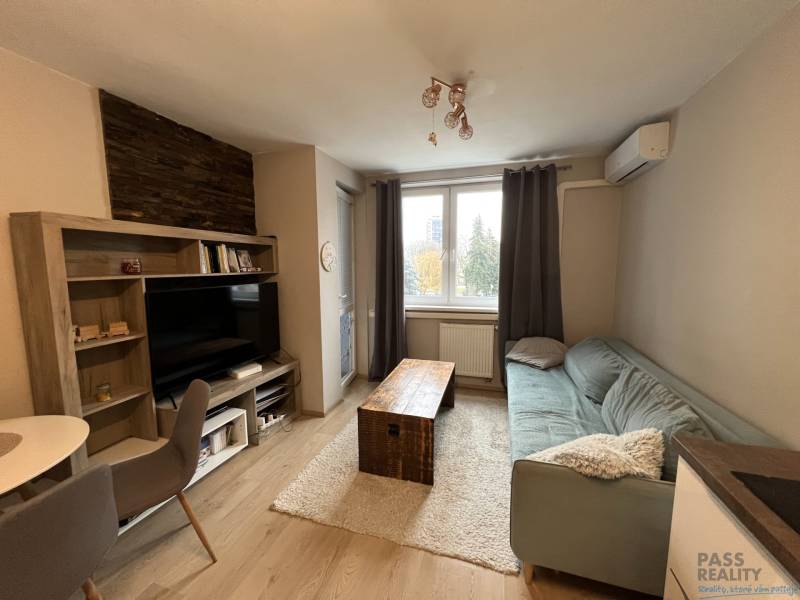 Wohnzimmer mit Holzboden, Sofa und Fernseher in einer 2-Zimmer-Wohnung.