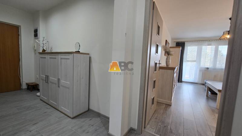 Eingangsbereich und Wohnzimmer in einer Zweizimmerwohnung mit Holzboden.