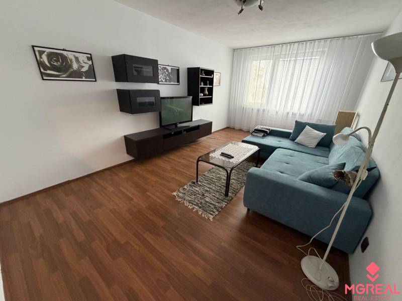 Wohnzimmer mit Holzboden und Sofa in einer 3-Zimmer-Wohnung.