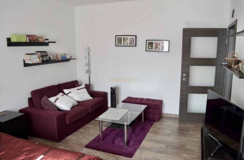 Wohnzimmer mit bordeauxrotem Sofa, Glastisch und Holzboden.