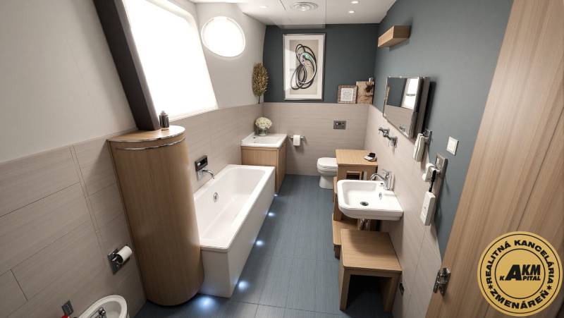 Badezimmer in einem Einfamilienhaus mit Waschbecken, Badewanne und WC. Boden mit Holzdekor.