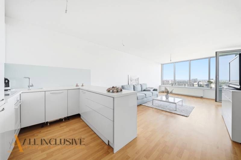 Helle Küche mit Wohnzimmer, Holzboden, Sofa, große Fenster.