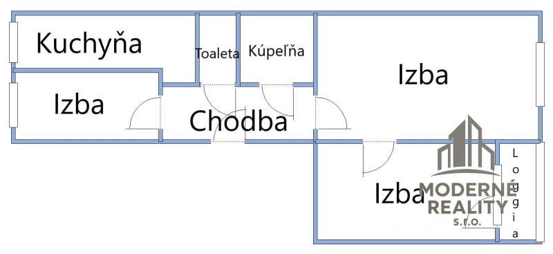Grundriss einer 3-Zimmer-Wohnung mit Küche, Badezimmer, Toilette und Loggia.