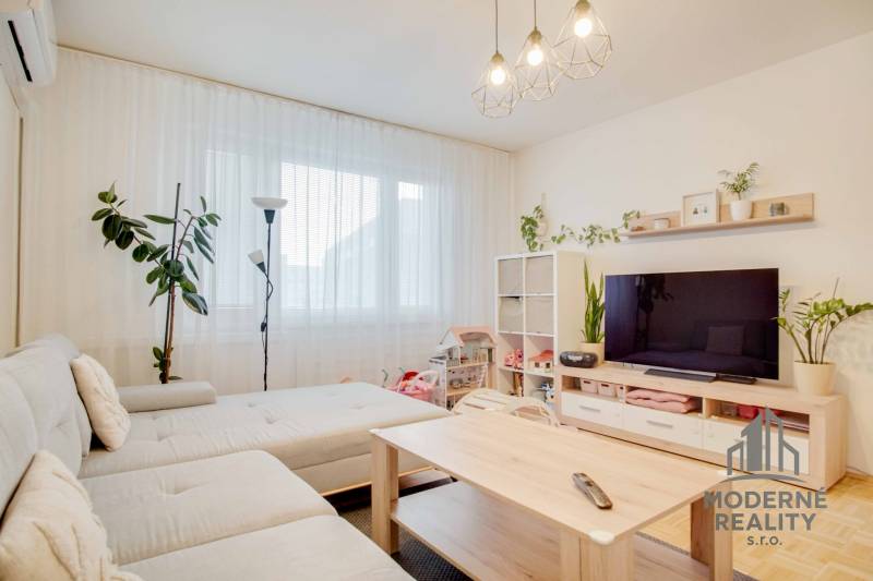 Wohnzimmer in einer 3-Zimmer-Wohnung mit Sofa, Fernseher und Holzboden.
