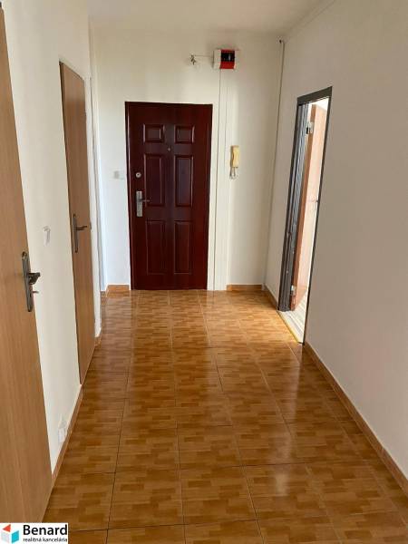 Der Flur in der 3-Zimmer-Wohnung mit einem Boden in Holzoptik und Holztüren.