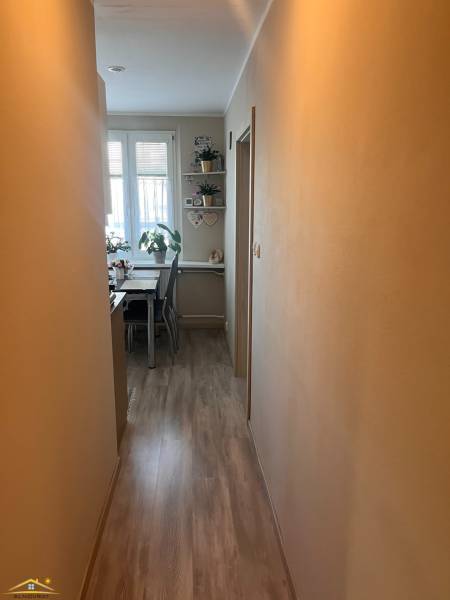 Ein enger Flur in einer 3-Zimmer-Wohnung führt zu einem hellen Esszimmer mit Pflanzen und Dekorationen.