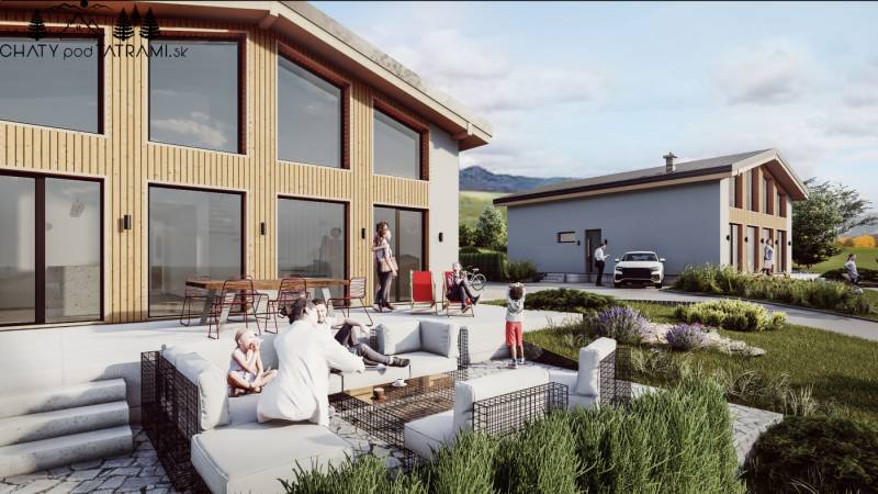 Ein Ferienhaus in Dolná Lehota mit Terrasse und Sitzbereich, umgeben von Natur und moderner Architektur.