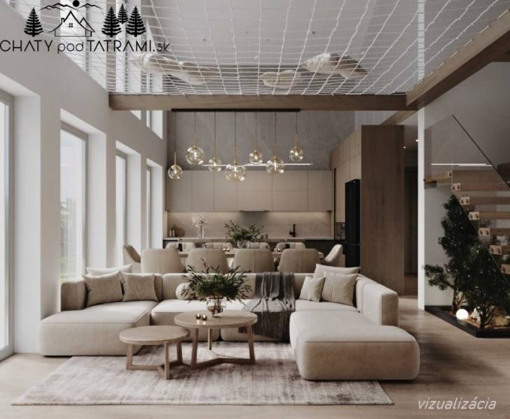 Elegantes Wohnzimmer in der Hütte mit Holzboden und modernen Möbeln.