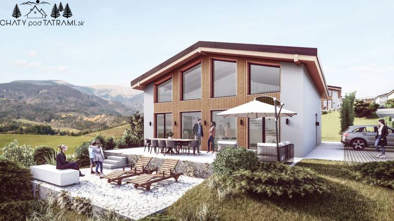 Eine Hütte in Dolná Lehota mit Terrasse und Blick auf die Berge, Sitzgelegenheiten und Liegestühle.