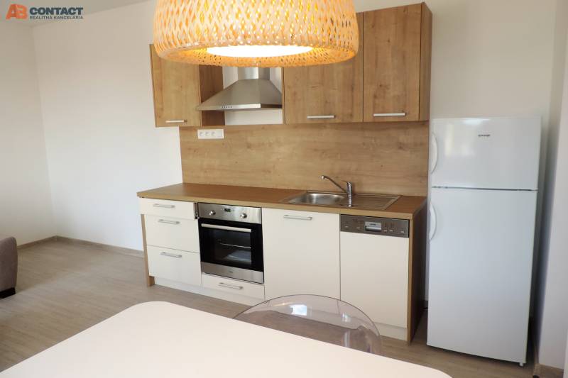 Küche in einem Studio-Apartment in der Bodona-Straße mit Holzschränken, Herd und Kühlschrank.