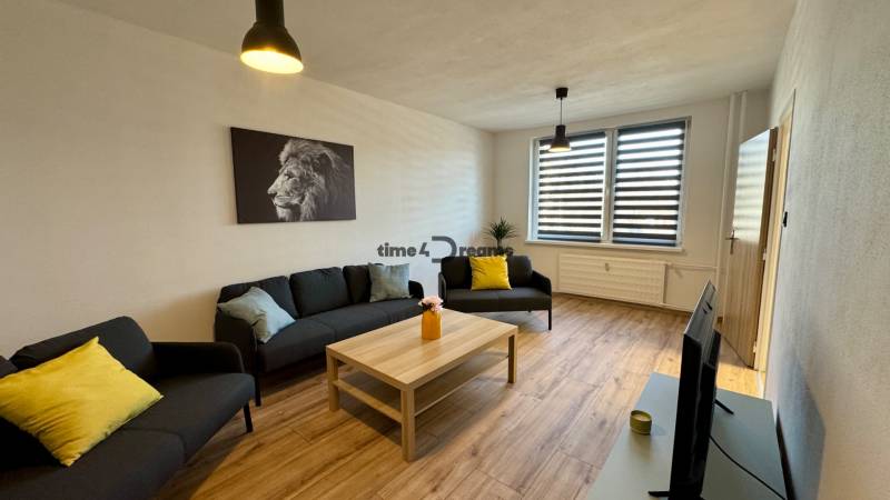 Wohnzimmer mit Holzboden, Sofa, Couchtisch, Löwenbild.