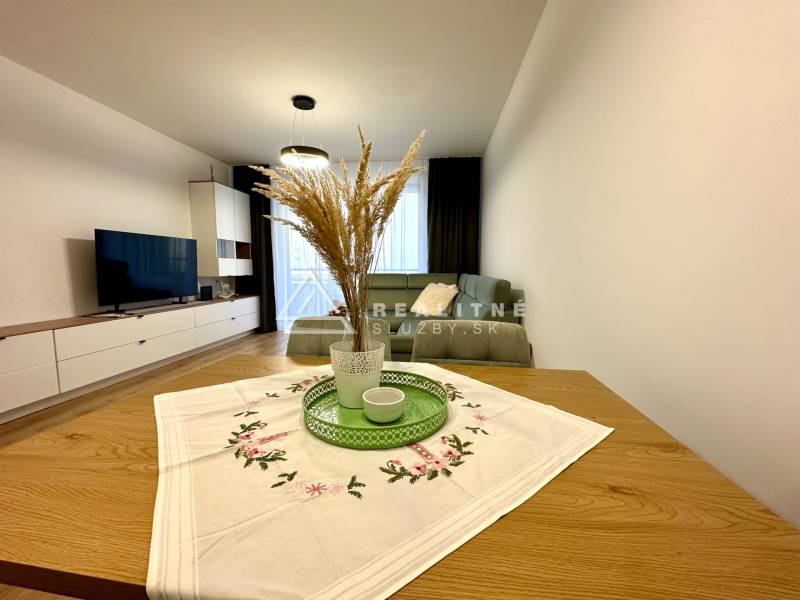 Wohnzimmer in einer 2-Zimmer-Wohnung; Sofa, Fernseher, Tisch mit Dekoration, Boden mit Holzdekor.