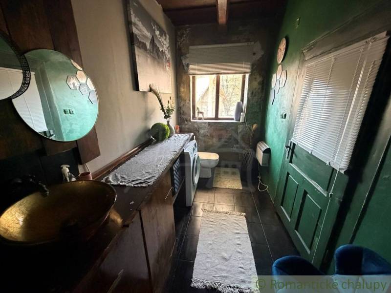 Ein Badezimmer in einem Einfamilienhaus mit dunklen Wänden, einer Toilette und einer Waschmaschine.