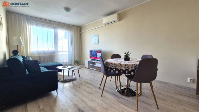 Wohnzimmer in einer Zweizimmerwohnung mit Holzboden, Sofa und Esstisch.