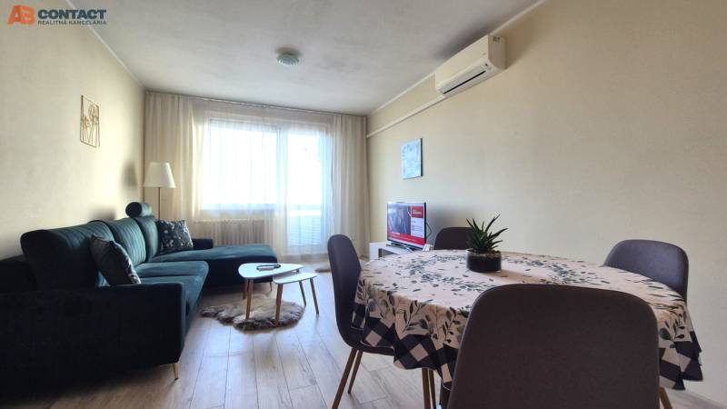 Wohnzimmer in einer 2-Zimmer-Wohnung mit Sofa, Esstisch und Boden in Holzoptik.