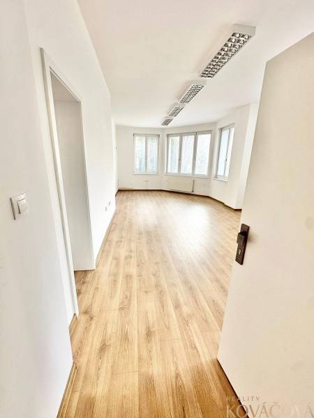 Helle Büros mit Holzboden und großen Fenstern.