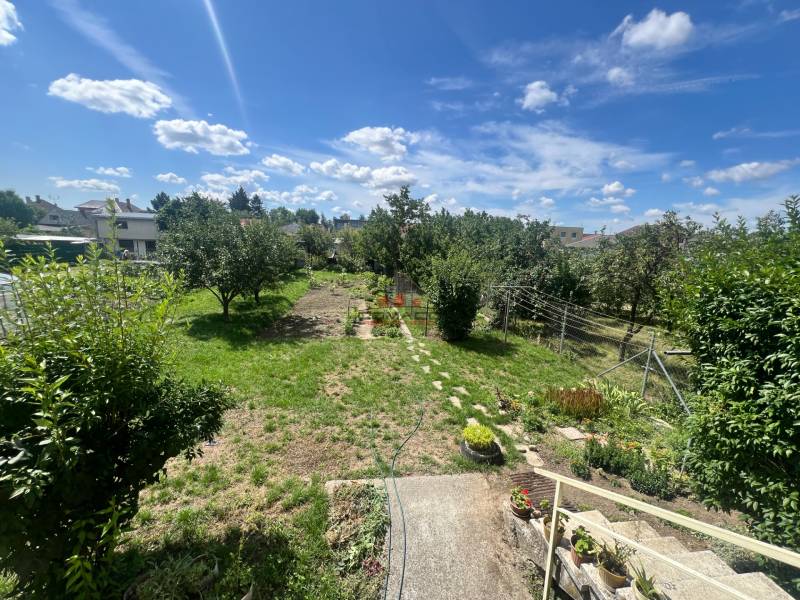 Der Garten eines Einfamilienhauses in der Gemeinde Veľké Orvište in der Tálová-Straße mit viel Grün.