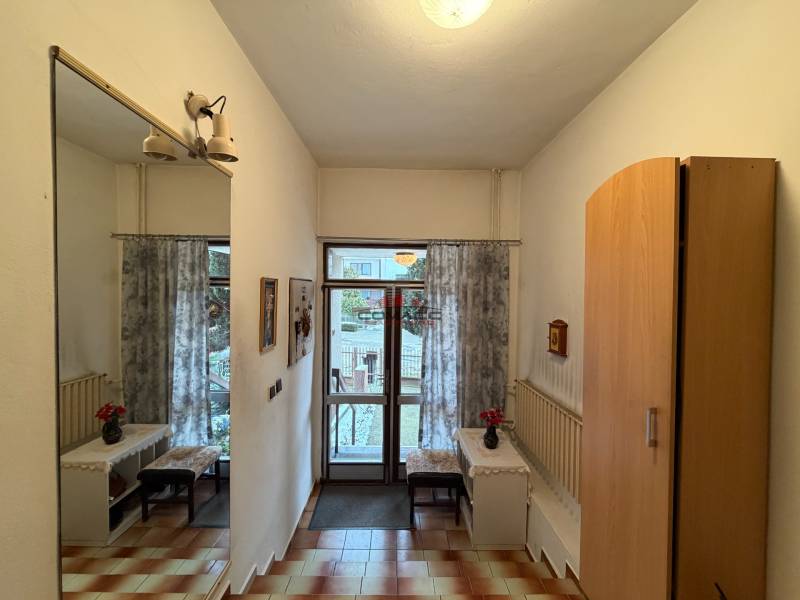 Innenraum eines Einfamilienhauses mit Spiegel, Schrank, Fliesen und Blick auf den Garten.