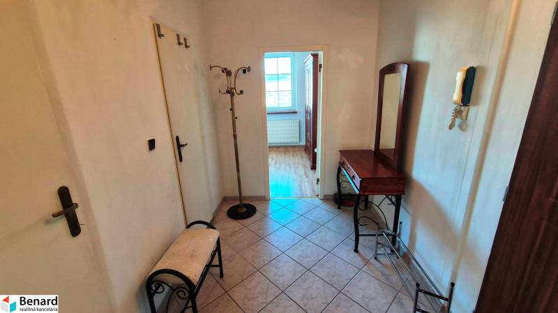 Flur in einer 2-Zimmer-Wohnung mit Fliesen, Spiegel und Farn.