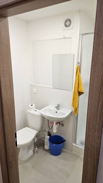 Badezimmer in einem Studio-Apartment mit Waschbecken, Toilette, Dusche und Spiegel, neutrale Farben.