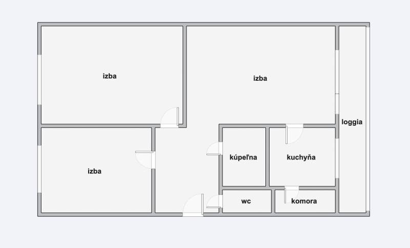 Grundriss einer 3-Zimmer-Wohnung mit Loggia, Küche, Badezimmer und Abstellraum.