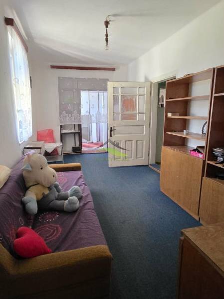 Wohnzimmer eines Einfamilienhauses mit Sofa, Regal und Spielzeug auf dem Boden.