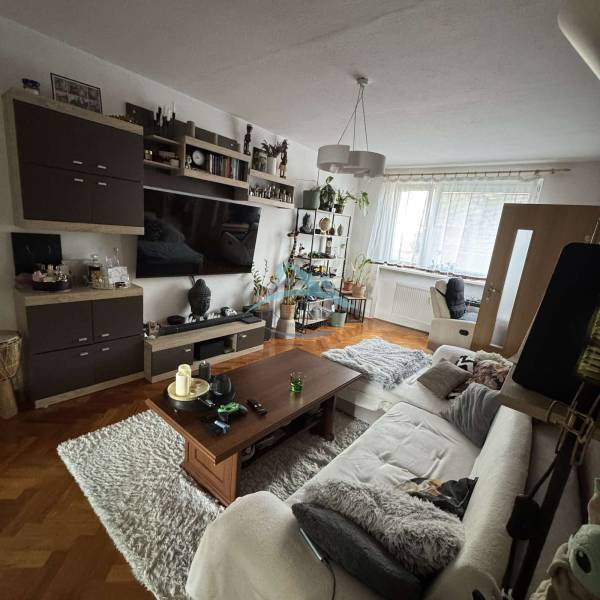 Wohnzimmer einer 3-Zimmer-Wohnung mit Holzboden, bequemer Couch und Dekorationen.