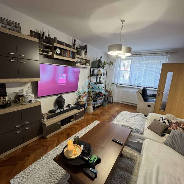 Wohnzimmer in einer 3-Zimmer-Wohnung mit einem bequemen Sofa und einem Boden in Holzoptik.