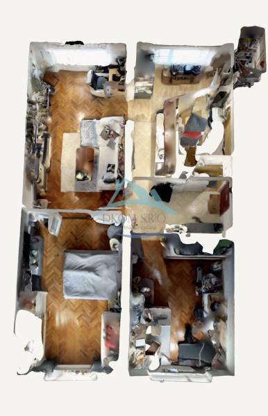 3D-Grundriss einer 3-Zimmer-Wohnung mit Holzboden und Möbeln.