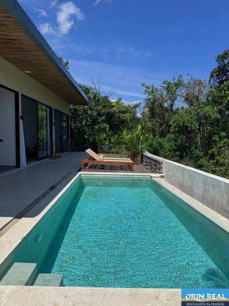 Ein Einfamilienhaus in Amed mit einem Pool und einer Terrasse mit Liegestühlen, umgeben von Grün.