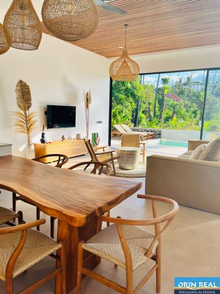 Einfamilienhaus mit Holzboden, geflochtenen Lampen und Blick auf die Natur.