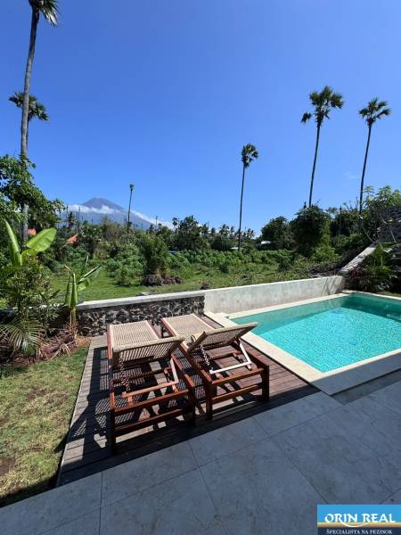 Liegen und Liegestühle mit Blick auf das Grün in der Amedská-Straße, Amed, neben einem Einfamilienhaus.