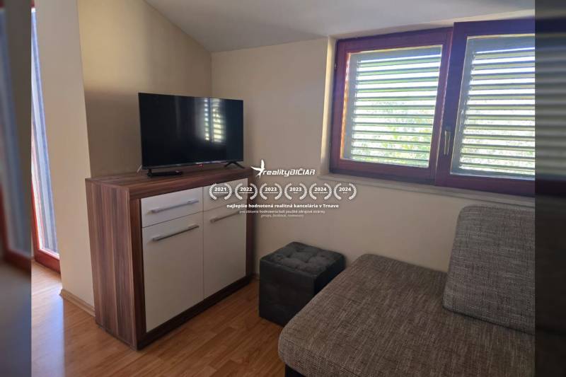 Ein Interieur mit einem Sofa, einem Fernseher auf einem Schrank und einem Boden mit Holzdekor. Besondere Immobilien.