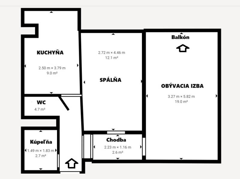 Grundriss einer 2-Zimmer-Wohnung mit Küche, Wohnzimmer und Balkon.