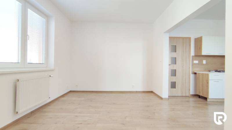 Wohnzimmer in einer 2-Zimmer-Wohnung mit Holzboden und Küchenzeile.