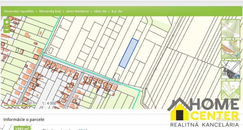 Grundstückskarte in der Gemeinde Iža für Wohnzwecke, hervorgehobenes Grundstück.