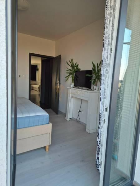 Schlafzimmer mit Bett, Fernseher und Pflanzen in einer 3-Zimmer-Wohnung mit Holzboden.