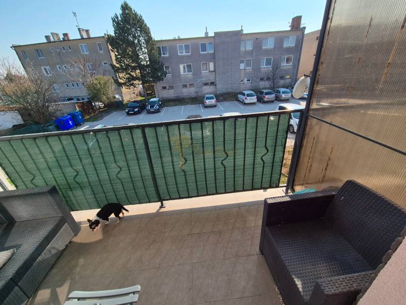 Ein Balkon mit Blick auf den Parkplatz, Rattansitzmöbel und ein Hund, Blatná na Ostrove.