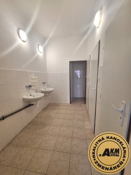 Büros mit Waschbecken und Fliesen, helle Wände, Badezimmer oder Toilette.