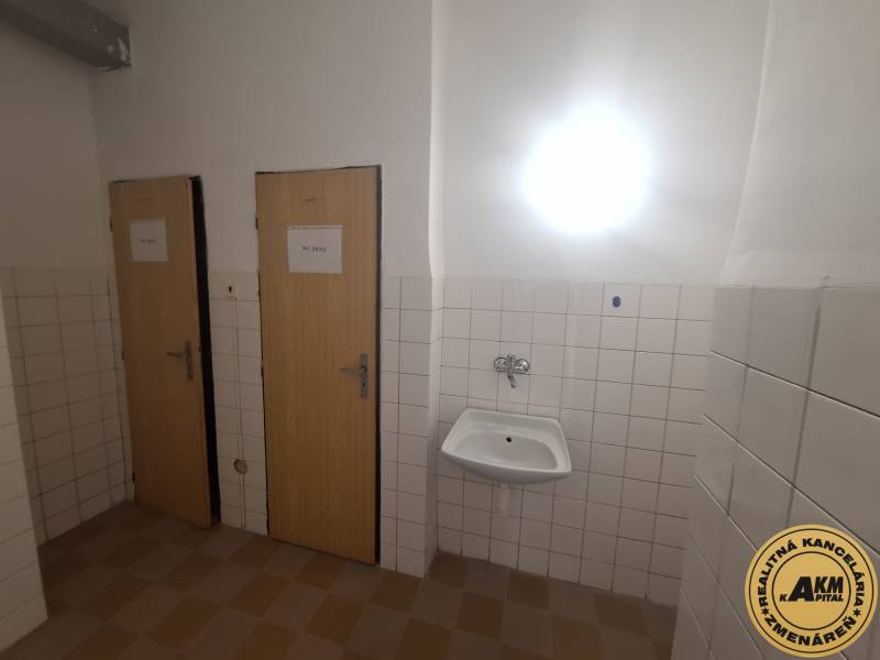Zwei Türen und ein Waschbecken in Geschäftsräumen, getrennte Toiletten, neutrale Farbpalette.
