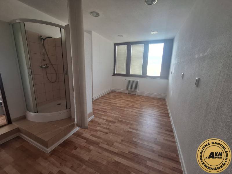 Gewerberäume mit Holzbodenoptik und Duschkabine.