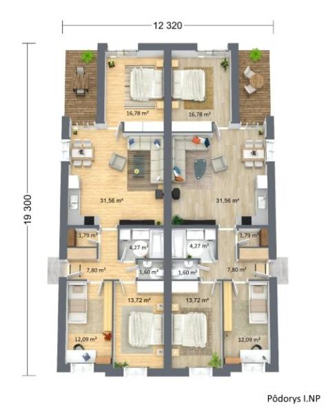 Grundriss des Erdgeschosses eines Einfamilienhauses mit zwei Schlafzimmern und einem Wohnbereich auf einem Boden mit Holzdekor.