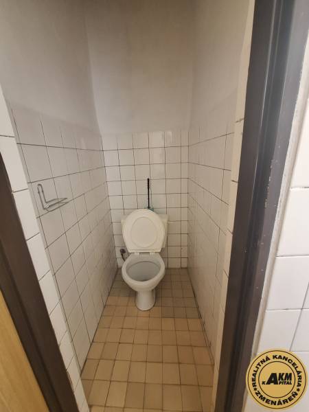 Toilette mit weißen Fliesen in Geschäftsräumen.