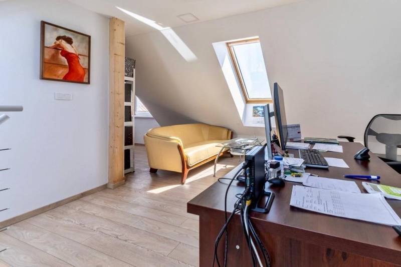 Büros mit Sofa, Bild an der Wand und Boden mit Holzdekor.