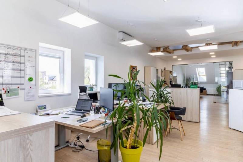 Beleuchtete Büros mit Computern, Pflanzen und einem Boden in Holzoptik.