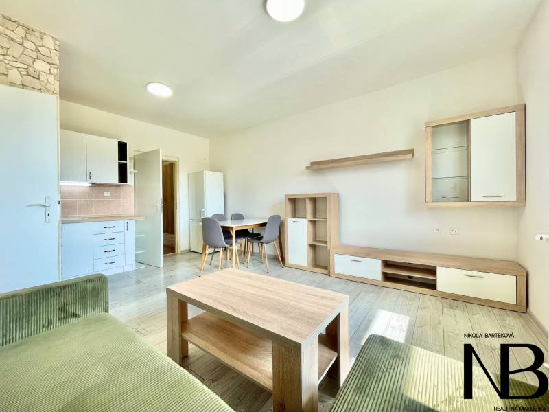 Innenraum einer 2-Zimmer-Wohnung; Ausstattung in der Východná-Straße; Küche, Esstisch, Wohnzimmer.