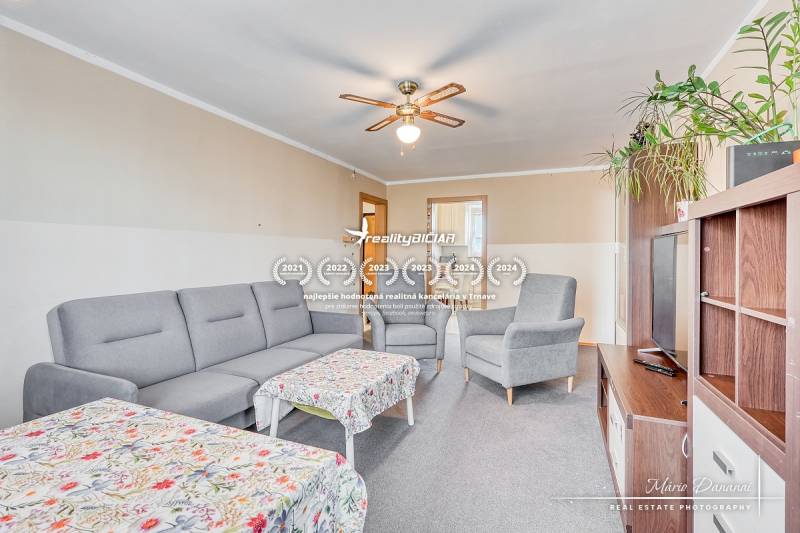 Wohnzimmer in einer Vierzimmerwohnung mit grauem Sofa, Couchtisch und Deckenventilator.