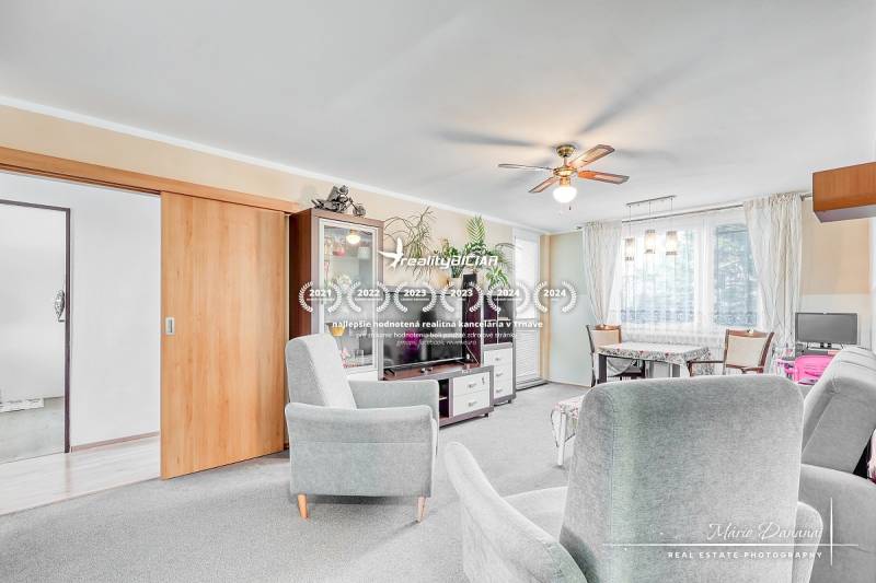 Helles Wohnzimmer mit Sofas in einer 4-Zimmer-Wohnung und Boden mit Holzdekor.